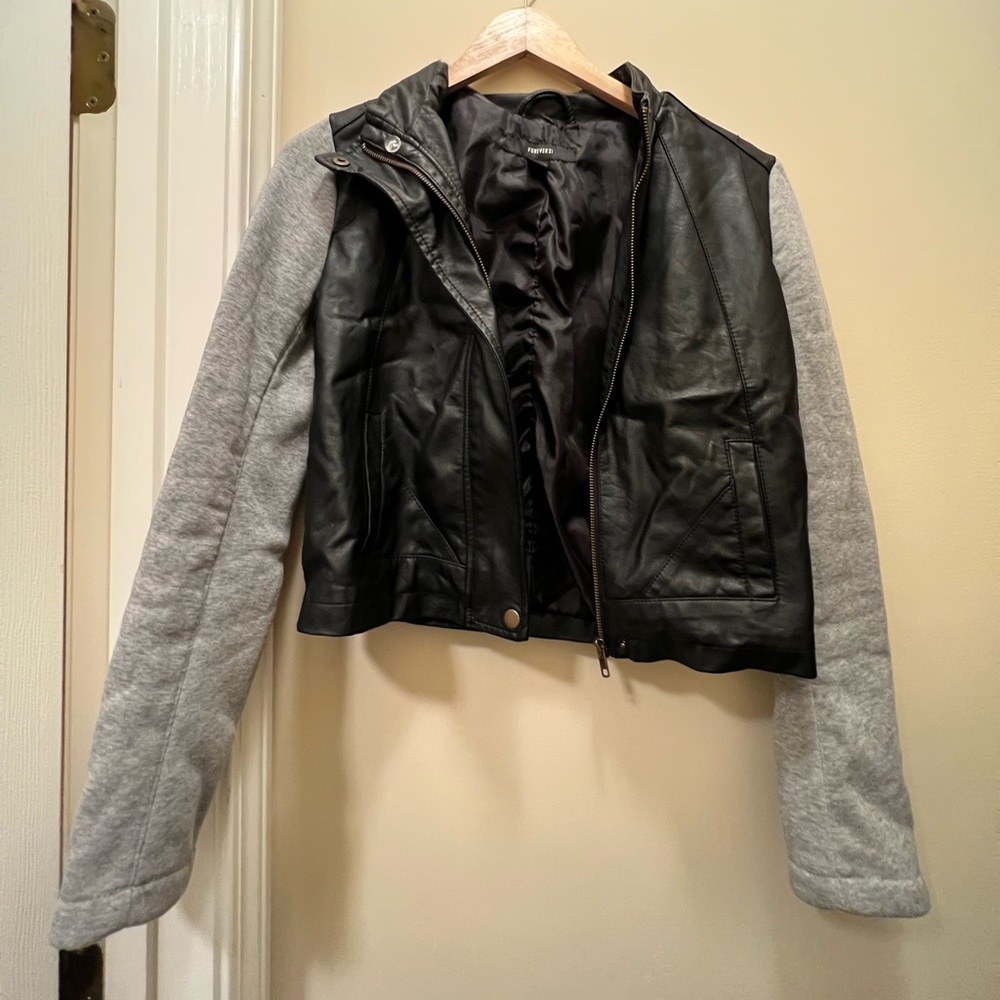 BLACK LEATHER JACKET WITH GREY SLEEVES